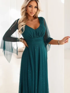 655-2 Dlhé svetlé trblietavé šaty s výstrihom a priehľadnými rukávmi - smaragdovo zelené