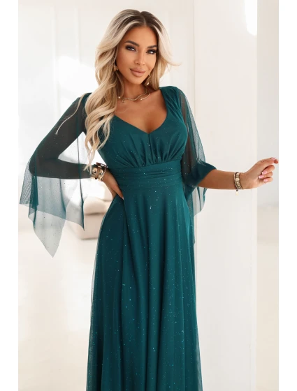 Dlouhé lehké třpytivé šaty s výstřihem a rukávy zelené model 21802212 - numoco basic Dlouhé lehké třpytivé šaty s výstřihem a rukávy zelené model 21802212 - numoco basic