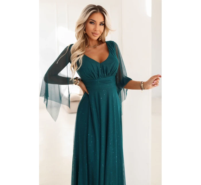 Dlouhé lehké třpytivé šaty s výstřihem a rukávy zelené model 21802212 - numoco basic Dlouhé lehké třpytivé šaty s výstřihem a rukávy zelené model 21802212 - numoco basic