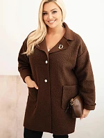 Dámský kabát Plus Size beránek s vlnou a kapsami hnědý