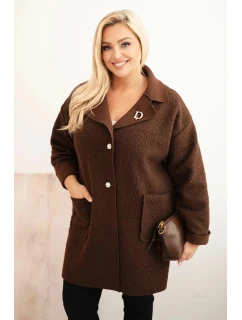 Dámský kabát Plus Size beránek s vlnou a kapsami hnědý