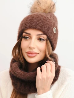 Dámsky zimný set s bambulou a ohrievačom krku hnedý