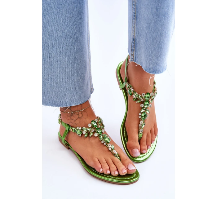 Damskie Sandały Japonki Z Kamieniami Zielone Lenisa