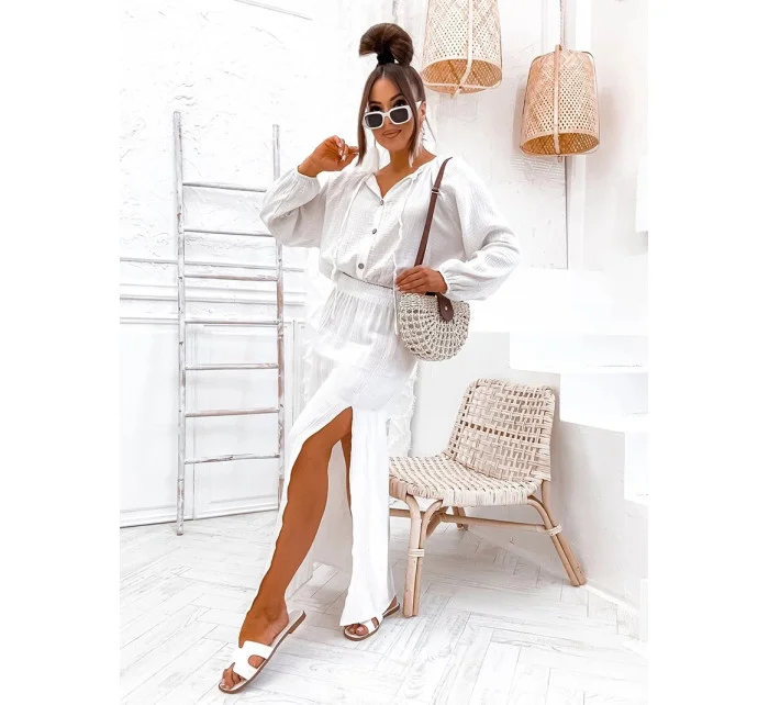 Dámsky mušelínový set v ecru farbe - blúzka a sukňa (8290)