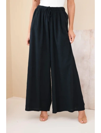 Dámske široké bavlnené nohavice s elastickým pásom čierne