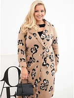 Dámský elegantní kabát Plus Size s klopami v panterku camelový