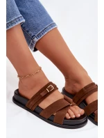 Dámské pantofle s pásky a zlatým sponou Hnědé Selorina