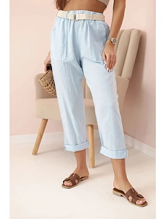 Dámske ľanové nohavice s opaskom 52888 modré – Kesi