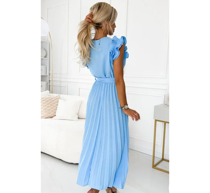543-2 Plisované midi šaty s výstrihom a jemnými volánikmi - MODRÉ