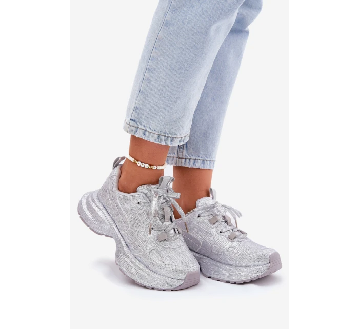 Sneakersy Damskie Zdobione Cyrkoniami Srebrne Porrot Sneakersy Damskie Zdobione Cyrkoniami Srebrne Porrot