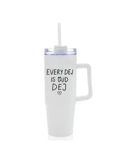 EVERY DEJ IS GUD DEJ - bílý cestovní hrnek s průhledným víčkem 900 ml