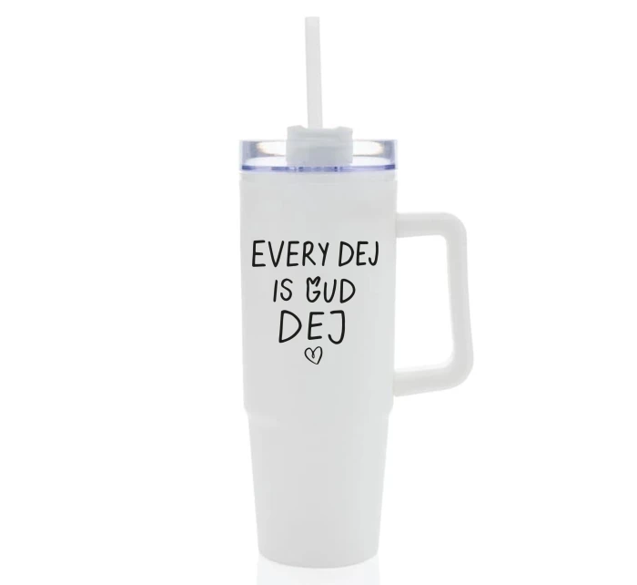 EVERY DEJ IS GUD DEJ - bílý cestovní hrnek s průhledným víčkem 900 ml