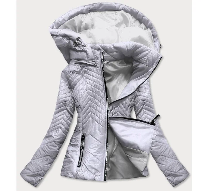 Krátka šedá prešívaná dámska bunda s kapucňou (B9566)