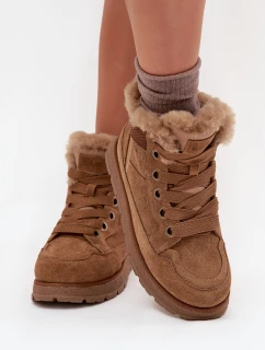 Zamszowe Śniegowce Trapery Damskie Na Platformie Z Futerkiem Big Star SS274370 Camel