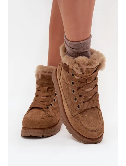 Zamszowe Śniegowce Trapery Damskie Na Platformie Z Futerkiem Big Star SS274370 Camel
