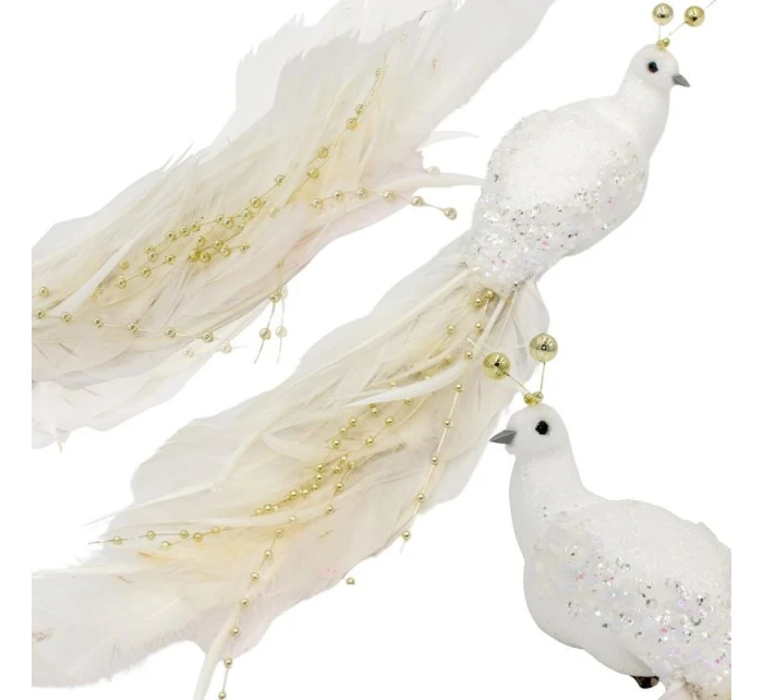 OZDOBNÝ VTÁČIK NA KLIPE 38CM BIELY A ZLATÝ