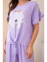 Dámský viskózový komplet s halenkou s potiskem a kalhotami světle fialový
