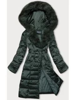 Tmavo zelená dámska zimná bunda s opaskom S'west (B8195-10)