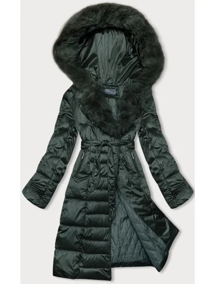 Tmavo zelená dámska zimná bunda s opaskom S'west (B8195-10)