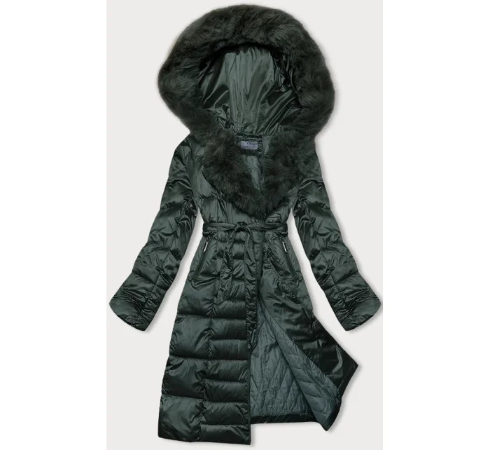 Tmavo zelená dámska zimná bunda s opaskom S'west (B8195-10)