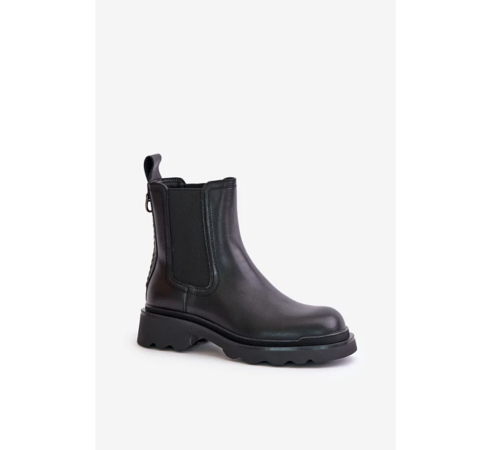 Skórzane Botki Sztyblety Z Ozdobnym Łańcuchem Ocieplane D&A JC42-86 Czarne