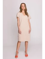 S392 Uvoľnený strih šiat s výstrihom do V - béžová