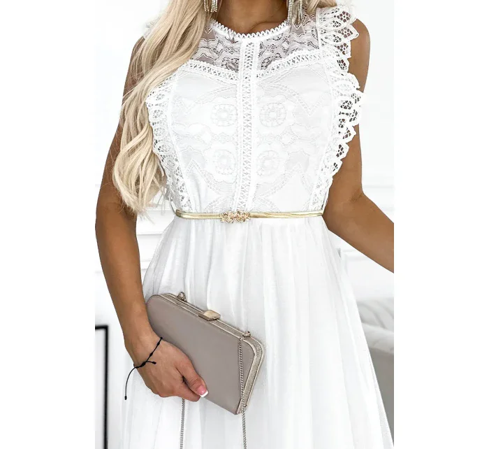 454-1 Šaty GRETA s čipkou a zlatým opaskom - BIELE