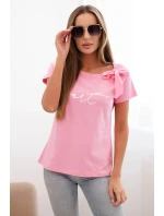 Dámska bavlnená blúzka s mašľou na ramene a svetloružovou potlačou