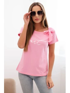 Dámska bavlnená blúzka s mašľou na ramene a svetloružovou potlačou
