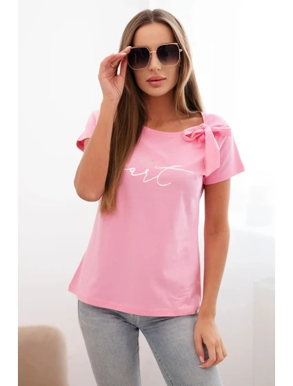 Dámska bavlnená blúzka s mašľou na ramene a svetloružovou potlačou