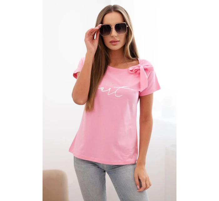 Dámska bavlnená blúzka s mašľou na ramene a svetloružovou potlačou