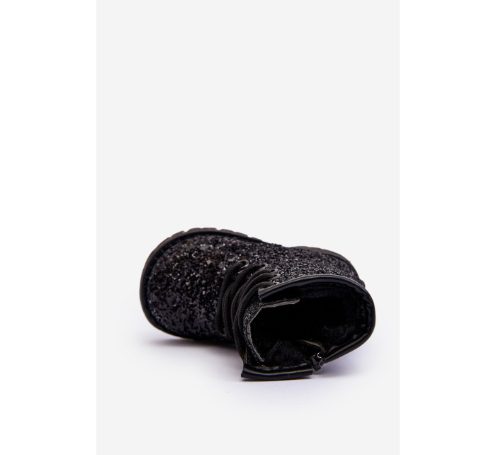 Detské trblietavé zateplené členkové topánky so zipsom, čierne Saussa