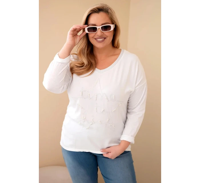 Dámská blůza Plus Size s potiskem a perlami bílá