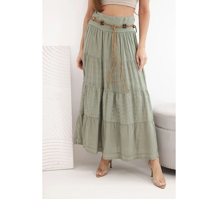Dámska maxi bavlnená sukňa s čipkovou výšivkou a elastickým pásom khaki