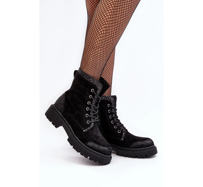 Zdobione Botki Workery Damskie Na Suwak Czarne Santelia Zdobione Botki Workery Damskie Na Suwak Czarne Santelia