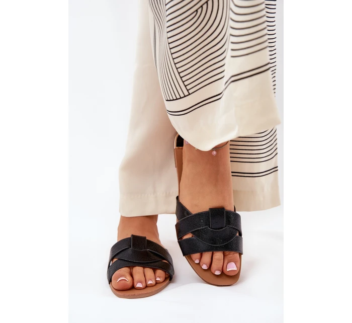 Płaskie Klapki Damskie Z Przeplatającymi Się Paskami Czarne Selaenor Płaskie Klapki Damskie Z Przeplatającymi Się Paskami Czarne Selaenor