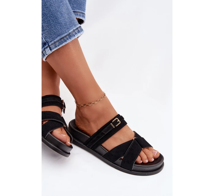 Dámské pantofle s pásky a zlatým přezkou Černé model 21954646 - Boto Dámské pantofle s pásky a zlatým přezkou Černé model 21954646 - Boto