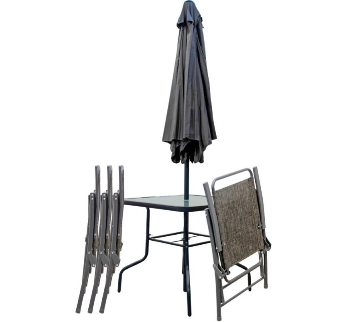 SET ZÁHRADNÉHO NÁBYTKU SYDNEY STÔL 4 STOLIČKY A SLNEČNÍK SIVÝ