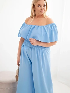 Dámský overal Plus Size s odhalenými model 22092406 s volánem a širokými nohavicemi modrý - K-Fashion