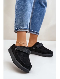 Damskie Kapcie Ocieplane Futerkiem Na Platformie Czarne Azida