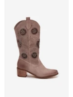 Zamszowe Skórzane Kozaki Damskie Z Ażurowym Wzorem Zazoo 3852 Cappuccino