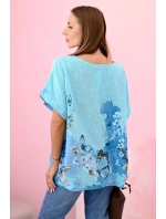Dámske bavlnené tričko s motýľmi a kvetmi tyrkysové