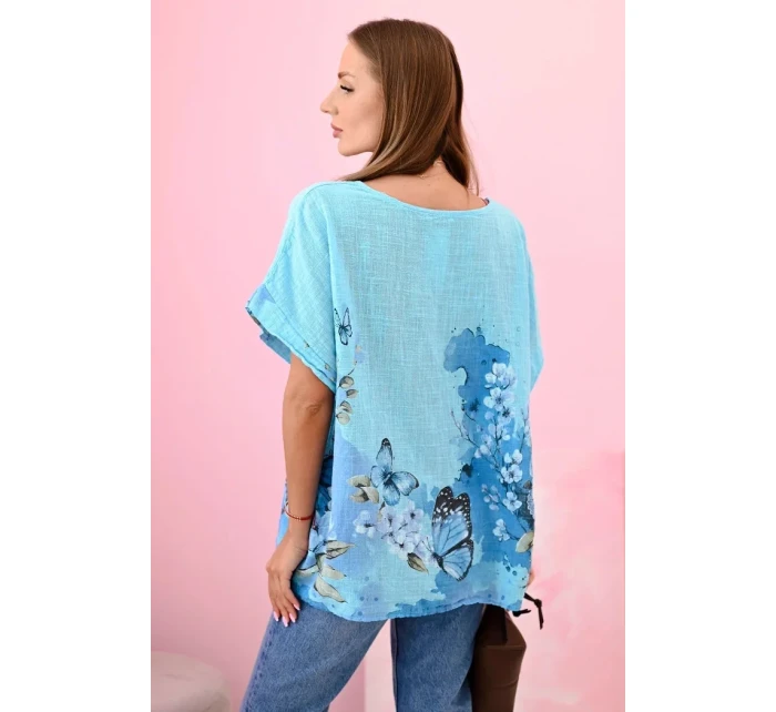 Dámske bavlnené tričko s motýľmi a kvetmi tyrkysové