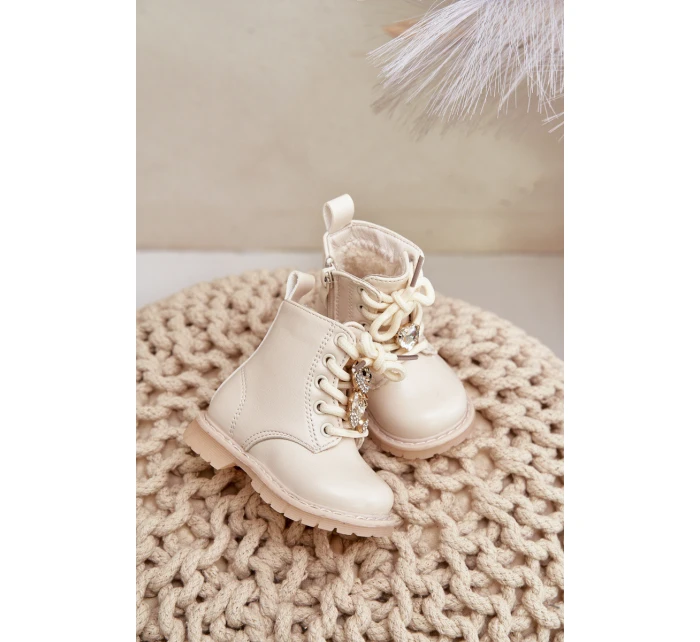 Zateplené dětské boty s medvídkem na zip béžové model 21678623 - Boto