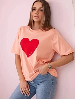 Bavlnená blúzka s potlačou srdca lososová