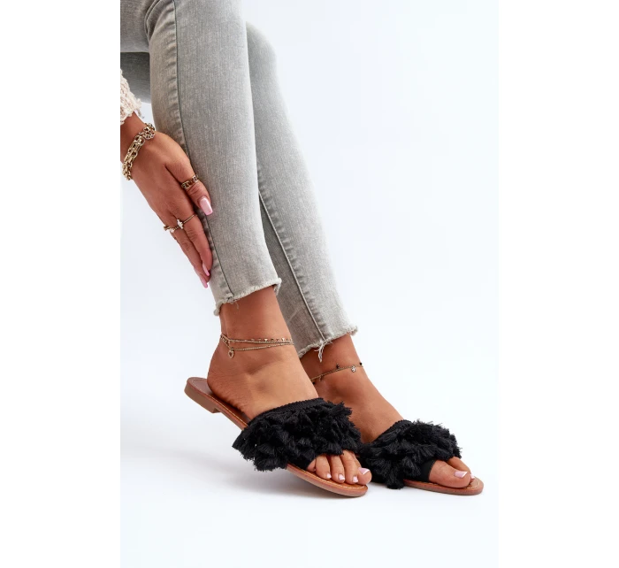 Płaskie Klapki Damskie Z Frędzlami Czarne Rialle