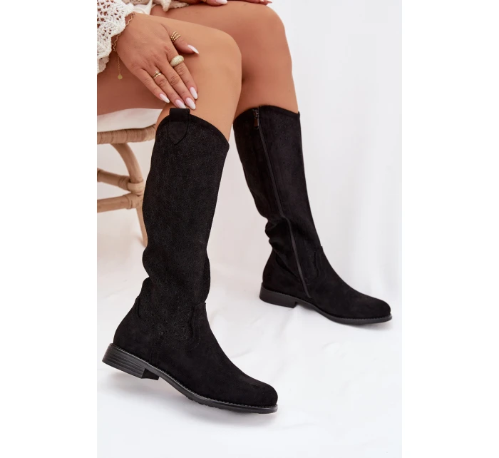 Dámské kozačky s vzorem na nízkém podpatku  Černé model 22031878 - S.Barski