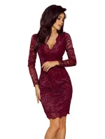 Dámske krajkové šaty v bordovej farbe s dlhými rukávmi a výstrihom model 6394168 Dámske krajkové šaty v bordovej farbe s dlhými rukávmi a výstrihom model 6394168