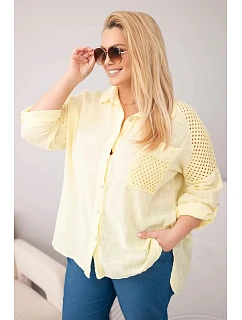 Dámská bavlněná košile Plus Size s límečkem a krajkovou vsadkou žlutá