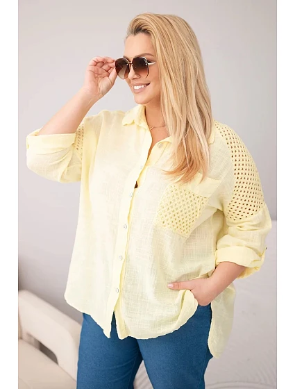 Dámská bavlněná košile Plus Size s límečkem a krajkovou vsadkou žlutá